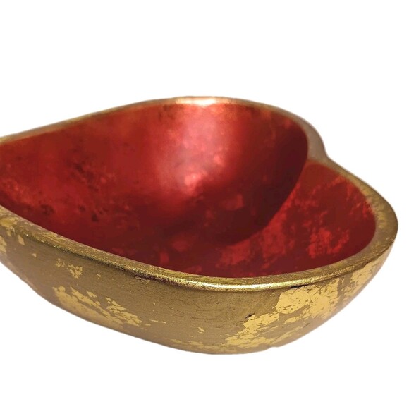 Wood Heart Shaped Bowl Red With Gold Leaf Jewelry Trinket Dish 6" x 6" x 2.5" - Picture 9 of 14